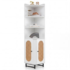 172 cm Tall PE Rattan Corner Cabinet with 2 Doors and 4 Open Shelves-White