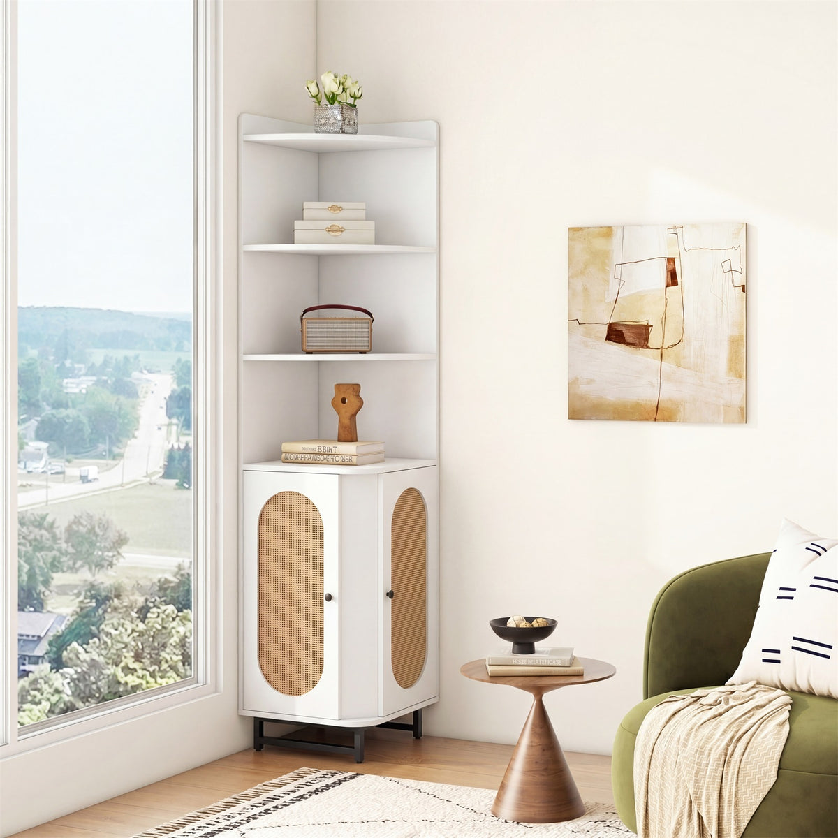 172 cm Tall PE Rattan Corner Cabinet with 2 Doors and 4 Open Shelves-White