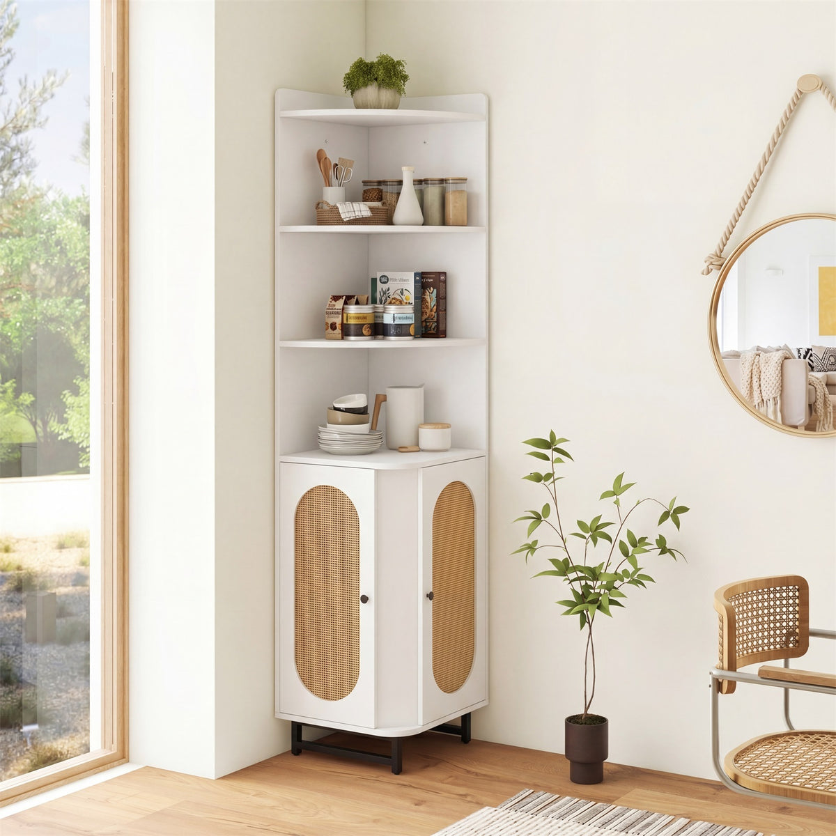 172 cm Tall PE Rattan Corner Cabinet with 2 Doors and 4 Open Shelves-White