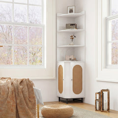 172 cm Tall PE Rattan Corner Cabinet with 2 Doors and 4 Open Shelves-White