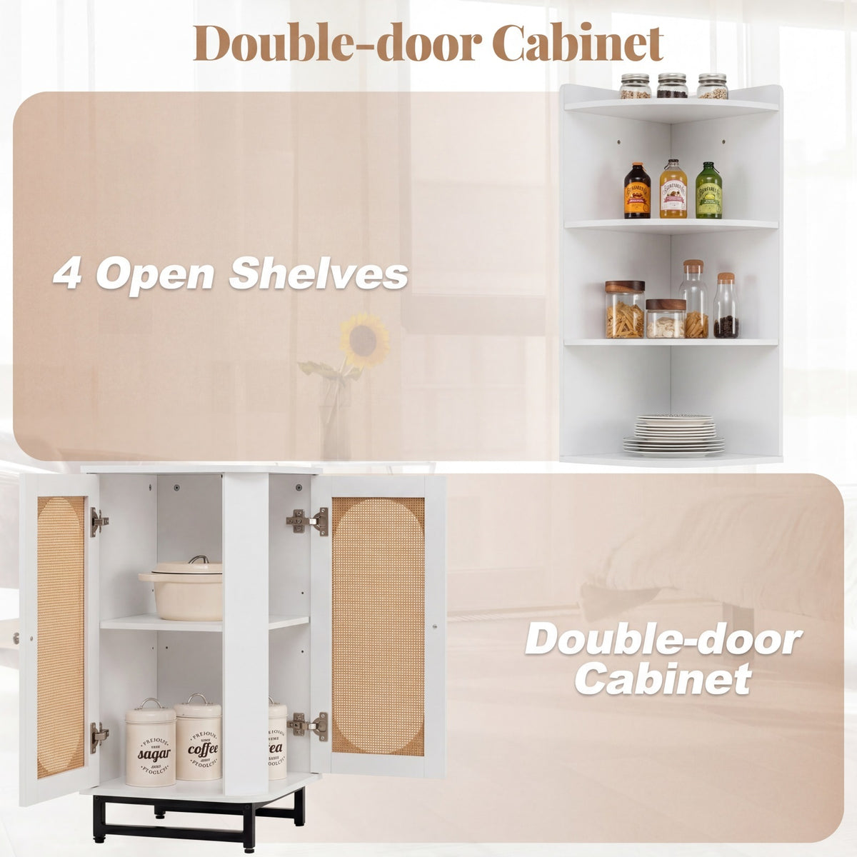 172 cm Tall PE Rattan Corner Cabinet with 2 Doors and 4 Open Shelves-White