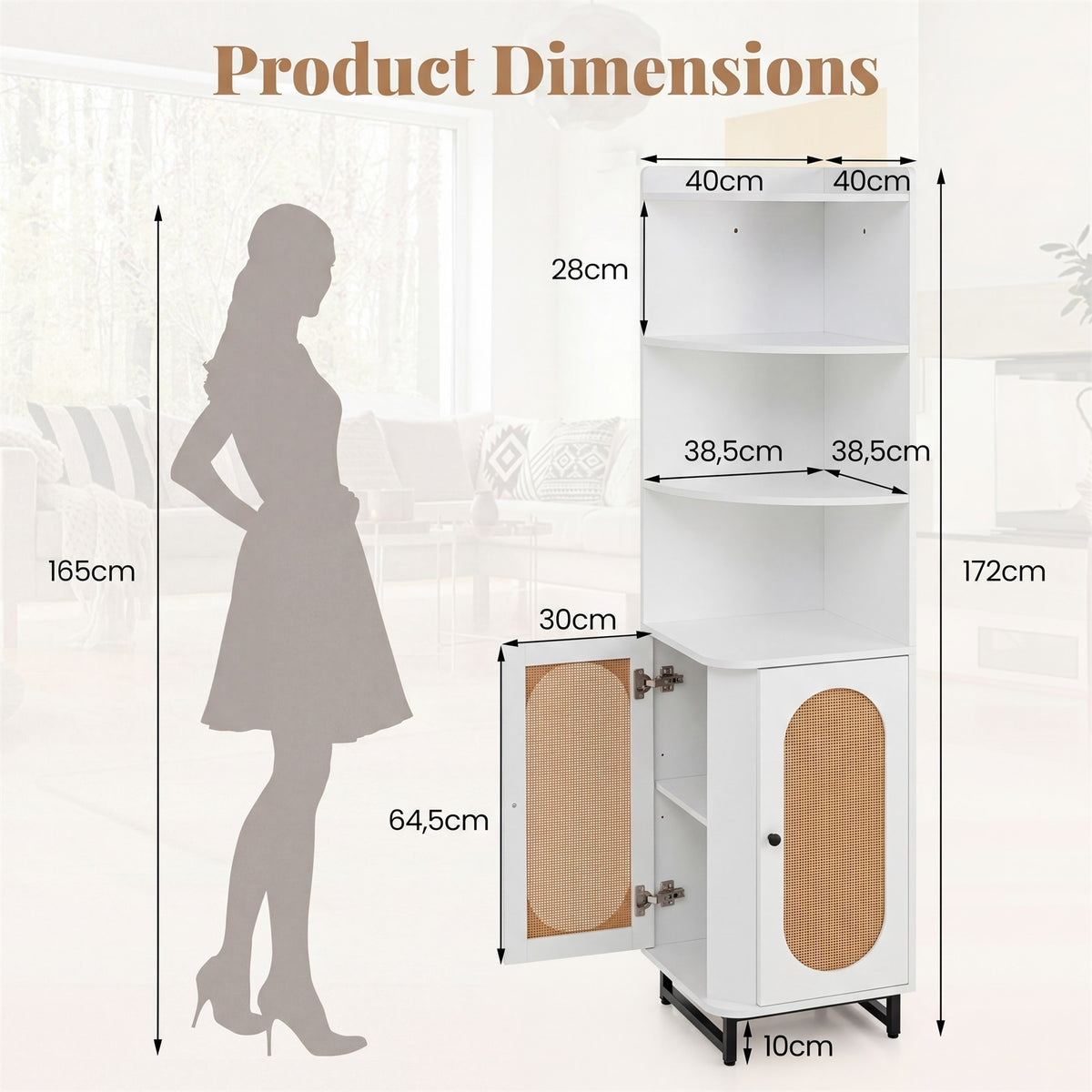 172 cm Tall PE Rattan Corner Cabinet with 2 Doors and 4 Open Shelves-White
