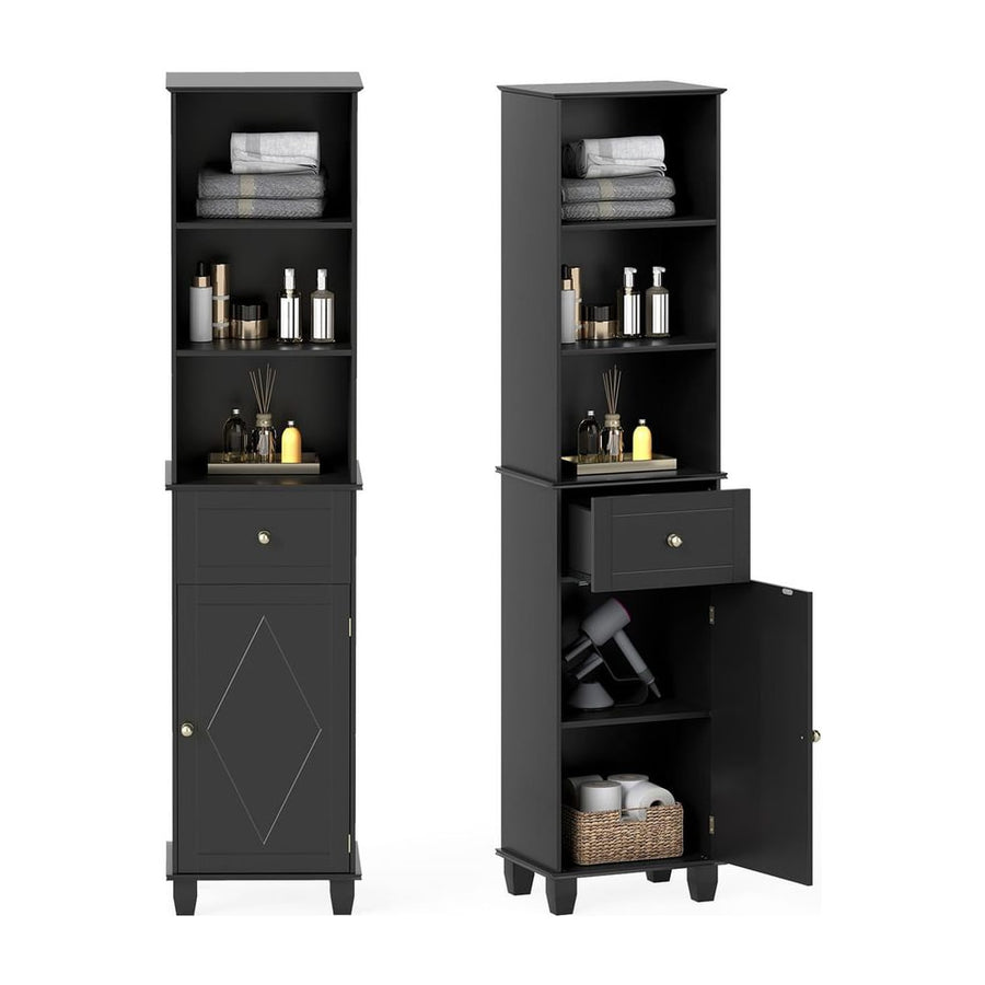 172cm Tall Bathroom Cabinet with Drawer and 3 Open Shelves-Black