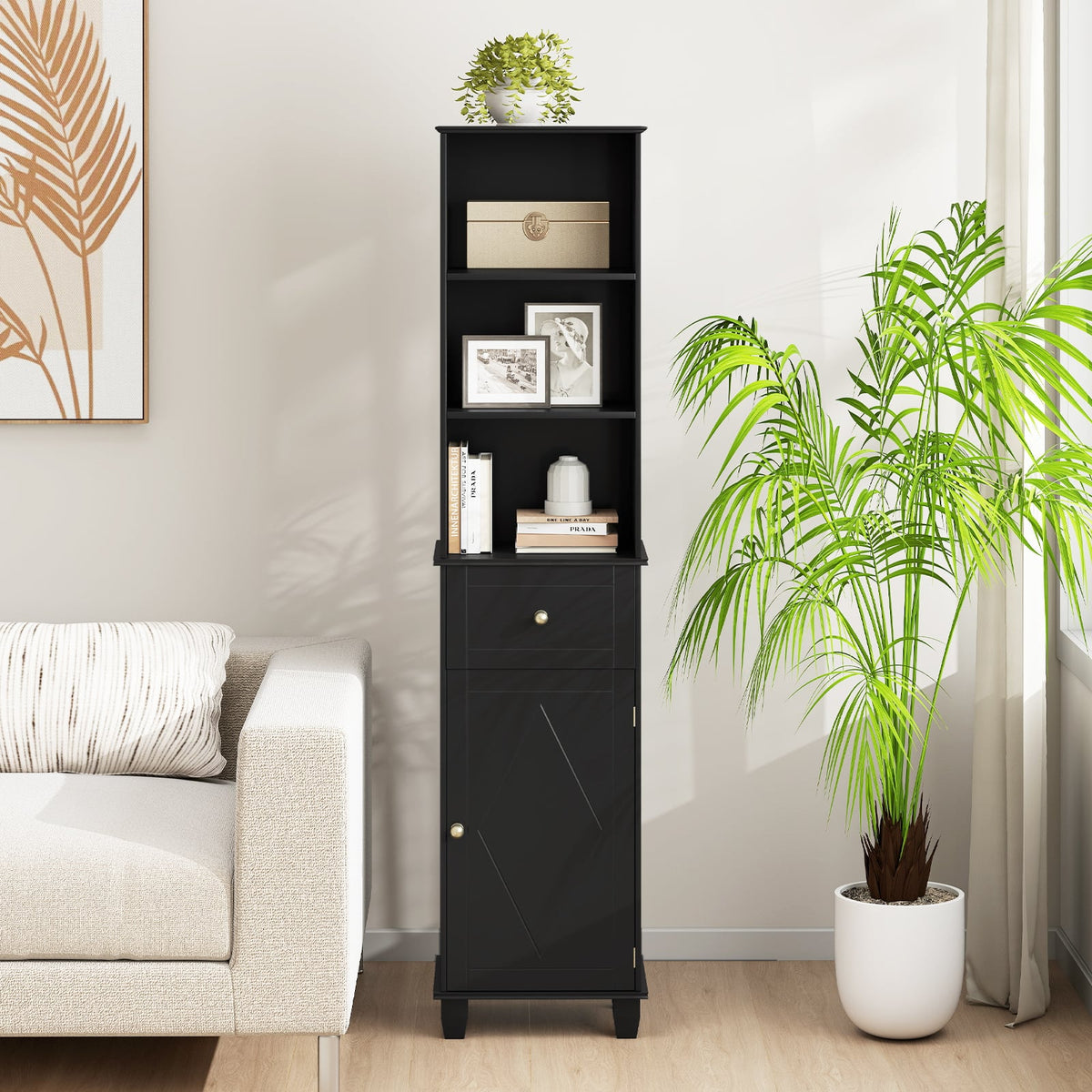 172cm Tall Bathroom Cabinet with Drawer and 3 Open Shelves-Black