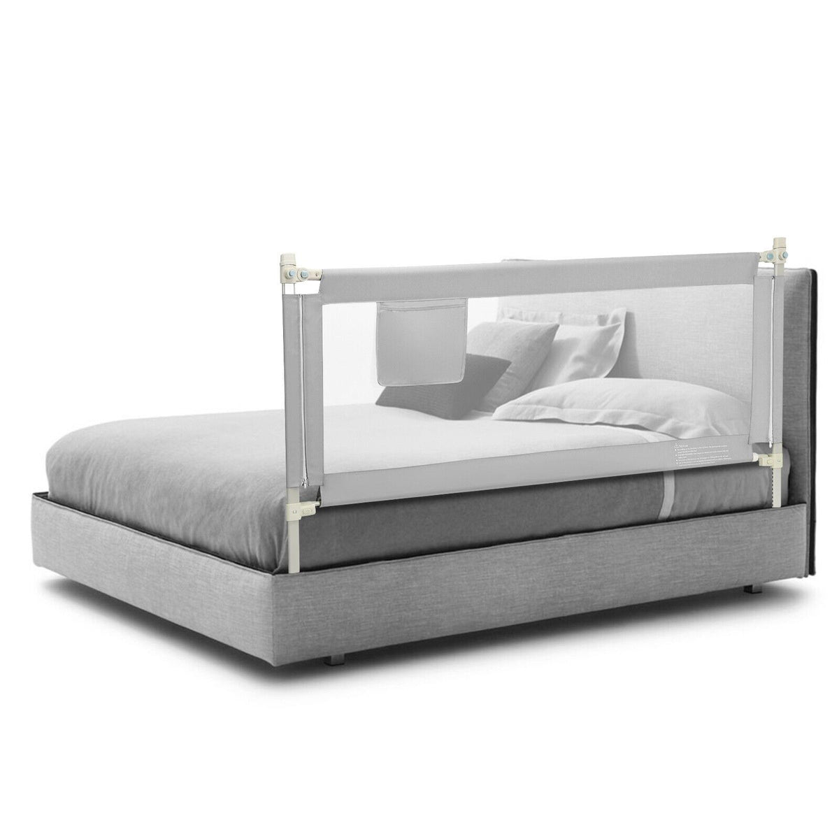 The grey bed guardrail fitted to a bed with grey bedding