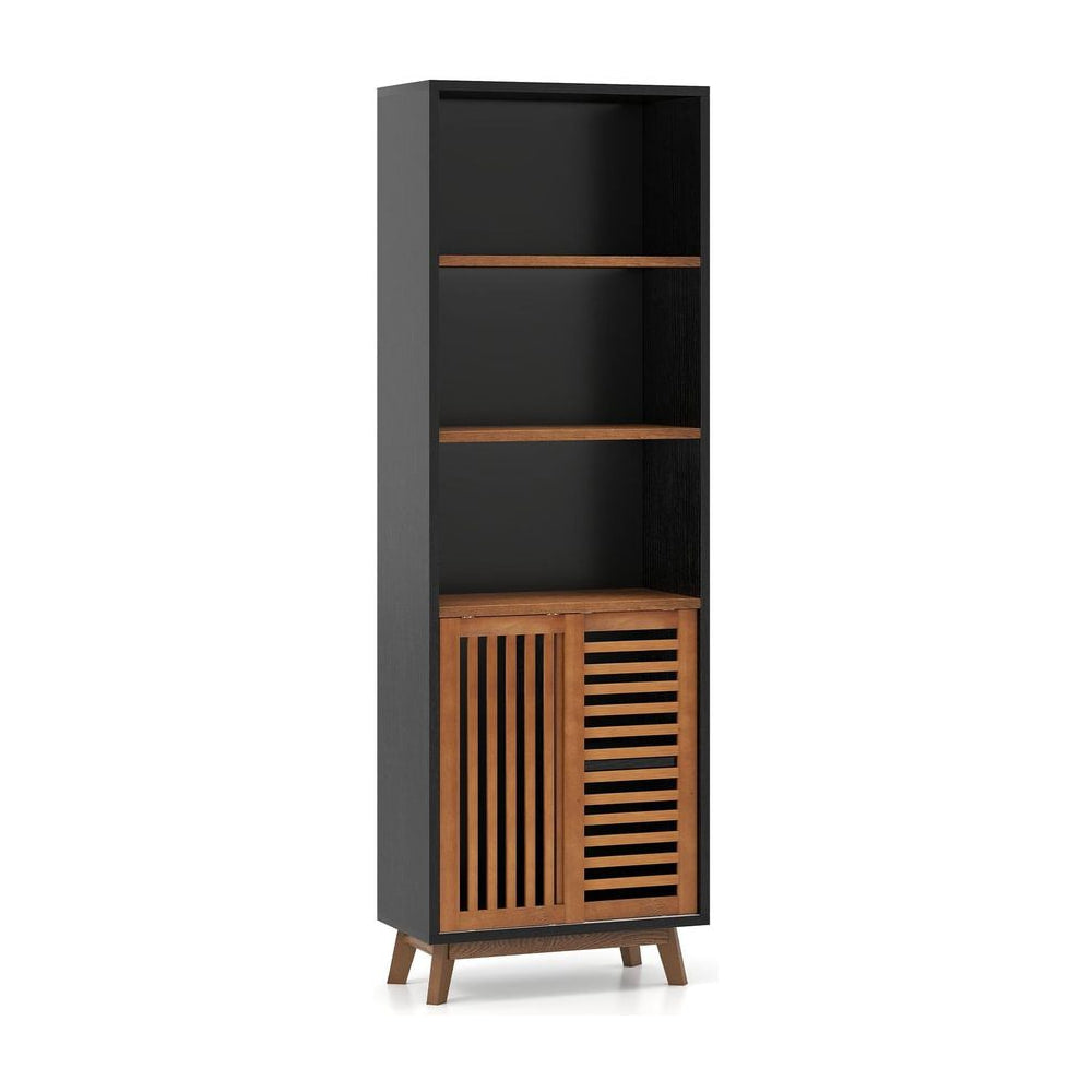 178 CM 5-Tier Bookshelf with Reversible Adjustable Shelf in black with wooden slatted door