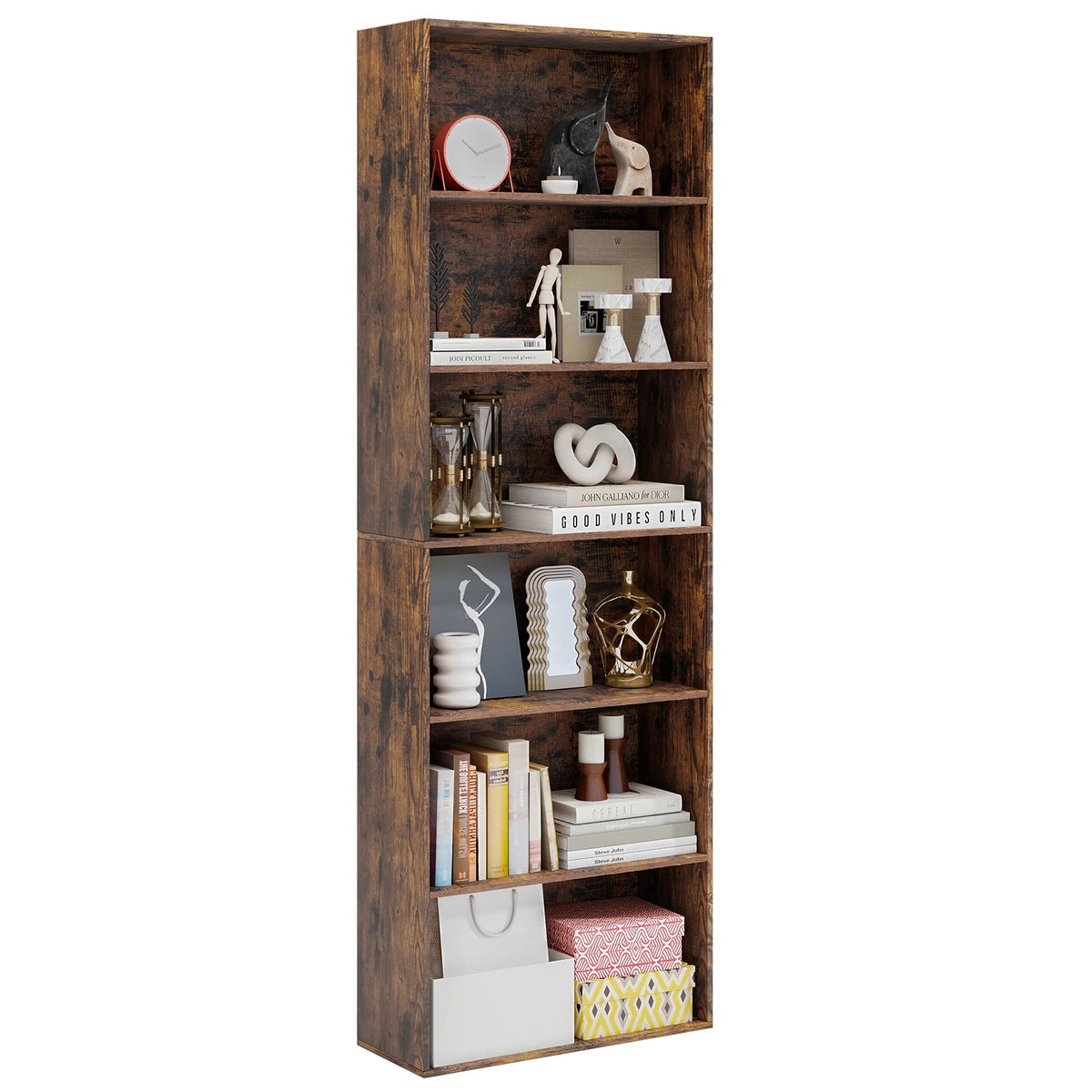 178cm 6-Tier Bookcase Display Rack with Foot Pads-Rustic Brown