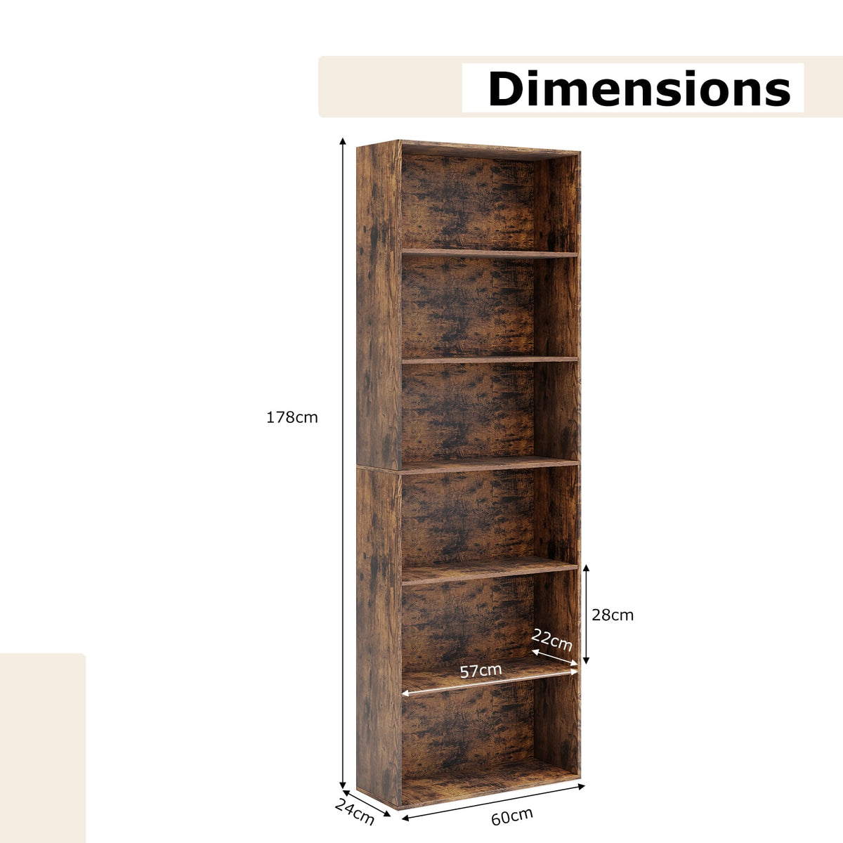 178cm 6-Tier Bookcase Display Rack with Foot Pads-Rustic Brown