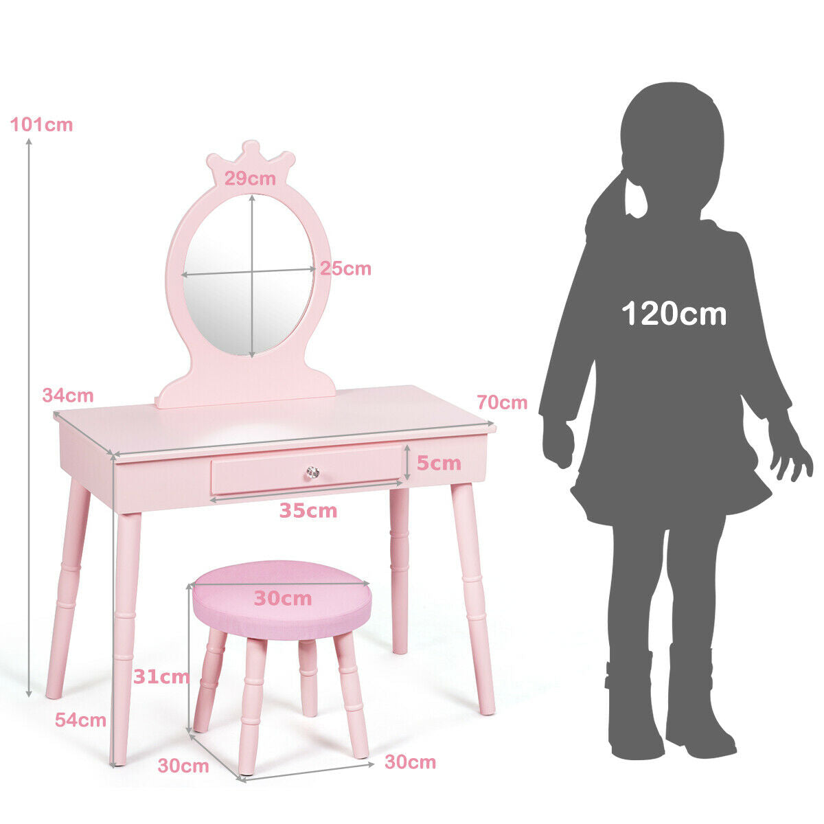 Child's Dressing Table and Cushioned Stool Set-Pink