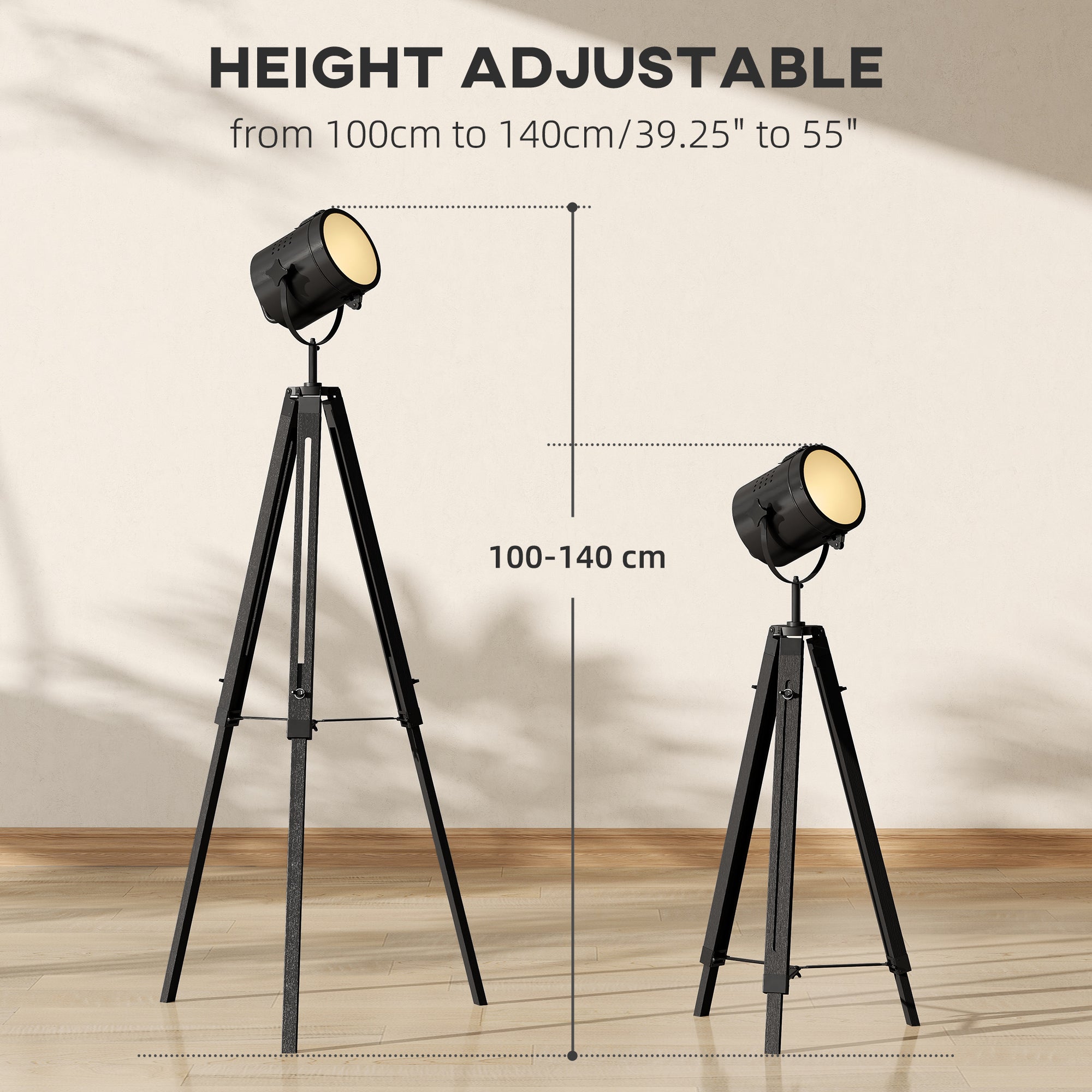 HOMCOM Industrial Tripod Floor Lamp, Nautical Searchlight with Adjustable Height, Wood Legs, E14 Lamp Base for Living Room, Bedroom, Black