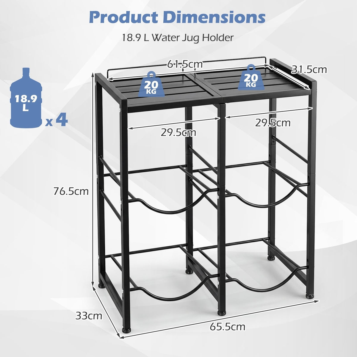 18.9 L Water Jug Holder for 4 Bottles Heavy-duty Water Jug Rack with Top Shelf-Black