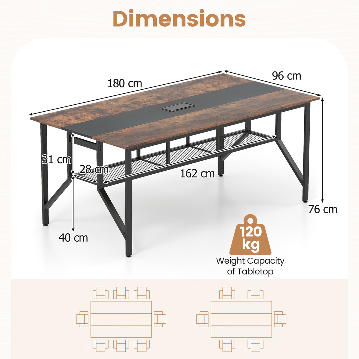 180 CM Conference Table Large Meeting Table for 6-8 People-Rustic Brown