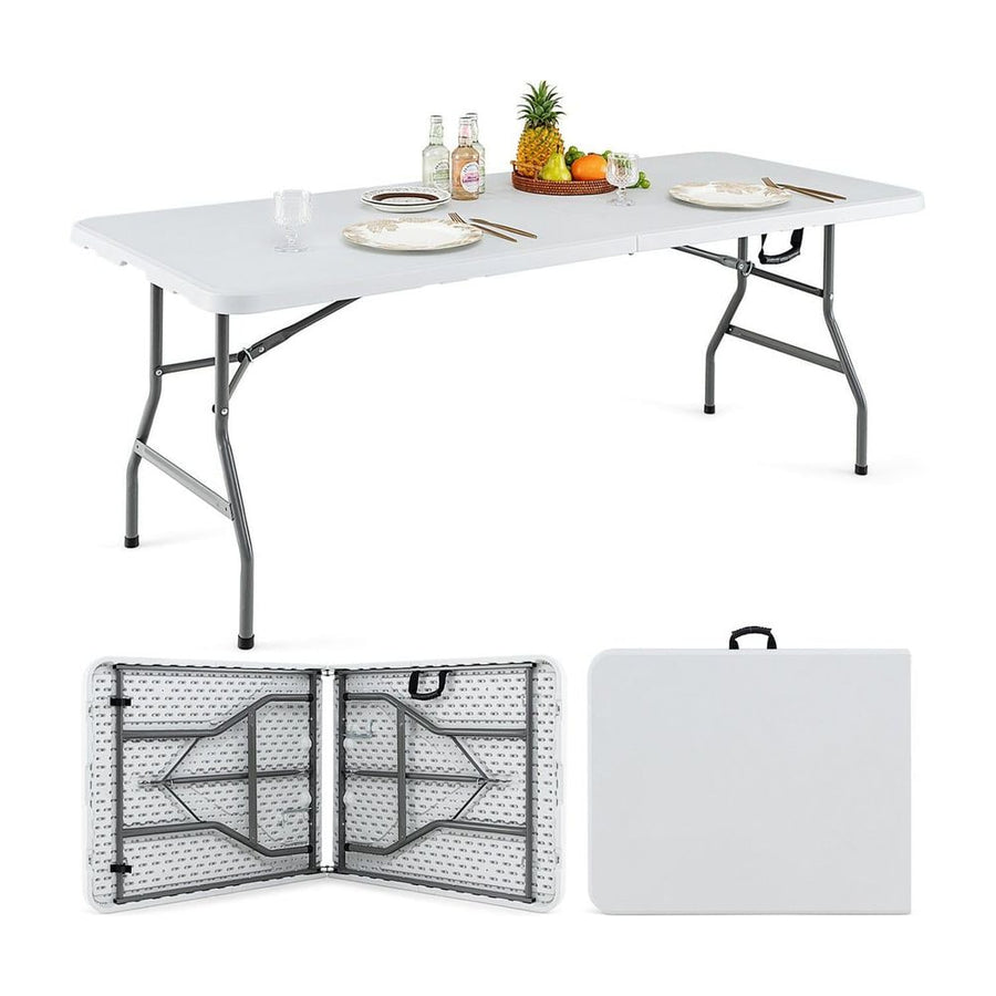 180 CM Folding Plastic Dining Table with metal legs and handle, set up for a meal