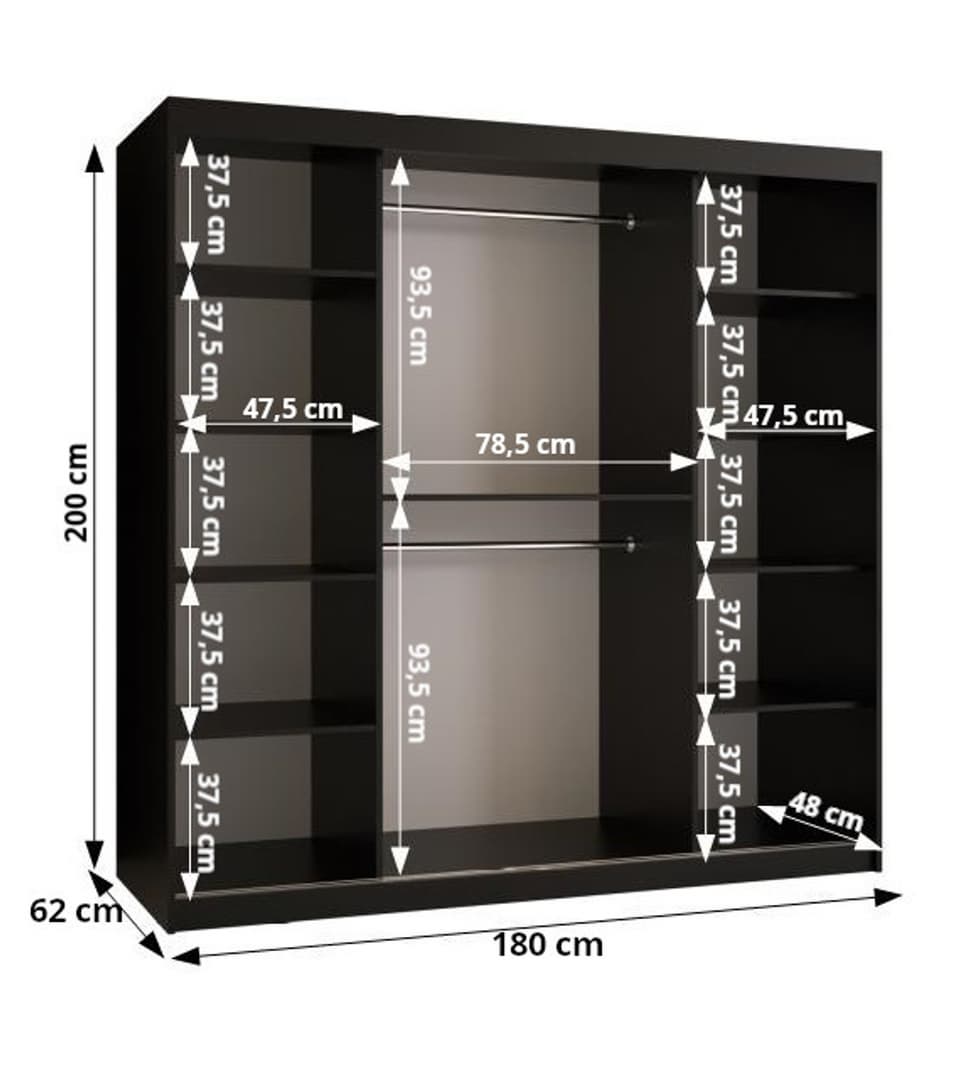 Size diagram of the sliding door wardrobe with dimensions