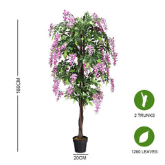 180CM Ficus Artificial Tree, size diagram for the faux plant, showing height and number of trunks and leaves