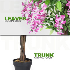 180CM Ficus Artificial Tree, close-up of the faux plant's trunk and hanging pink flowers