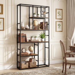 180CM Tall Bookshelf with Open Display Shelf and Metal Frame-Rustic Brown