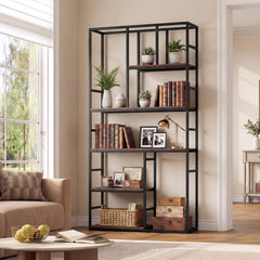 180CM Tall Bookshelf with Open Display Shelf and Metal Frame-Rustic Brown