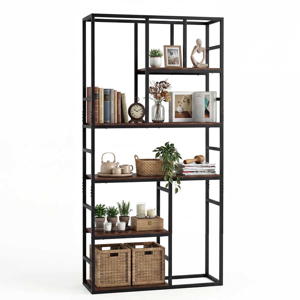 180CM Tall Bookshelf with Open Display Shelf and Metal Frame-Rustic Brown