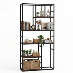 180CM Tall Bookshelf with Open Display Shelf and Metal Frame-Rustic Brown