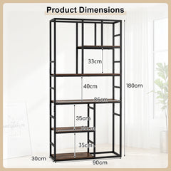 180CM Tall Bookshelf with Open Display Shelf and Metal Frame-Rustic Brown