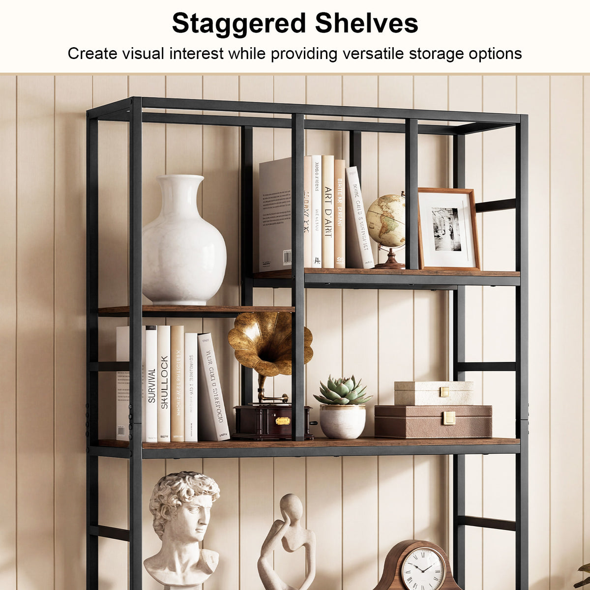 180CM Tall Bookshelf with Open Display Shelf and Metal Frame-Rustic Brown