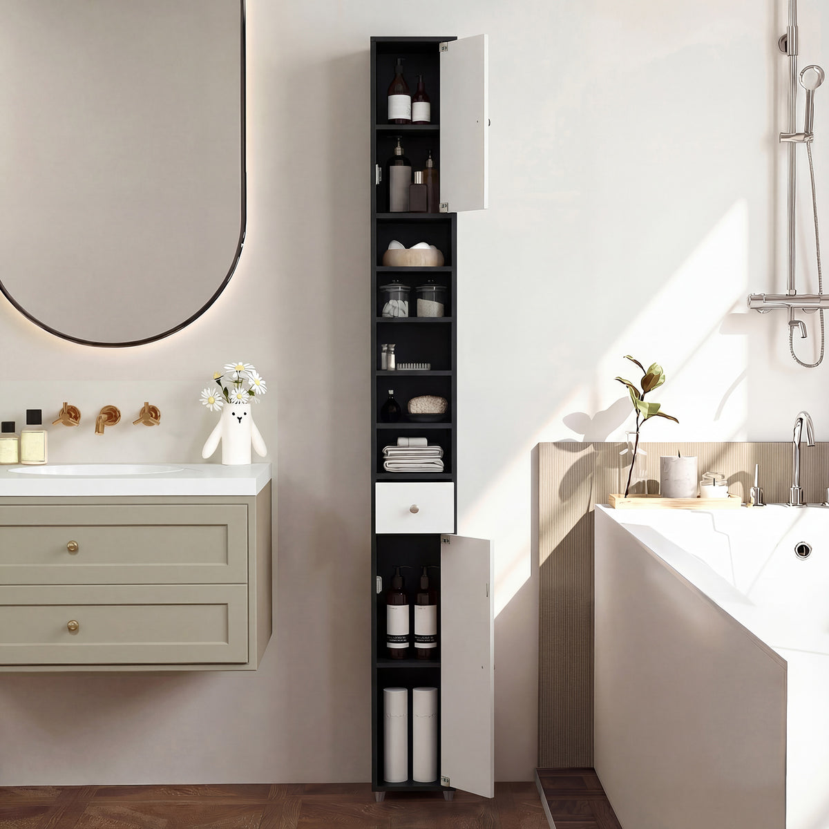 180CM Tall Freestanding Bathroom Cabinet with 2 Doors and 1 Drawer-Black and White
