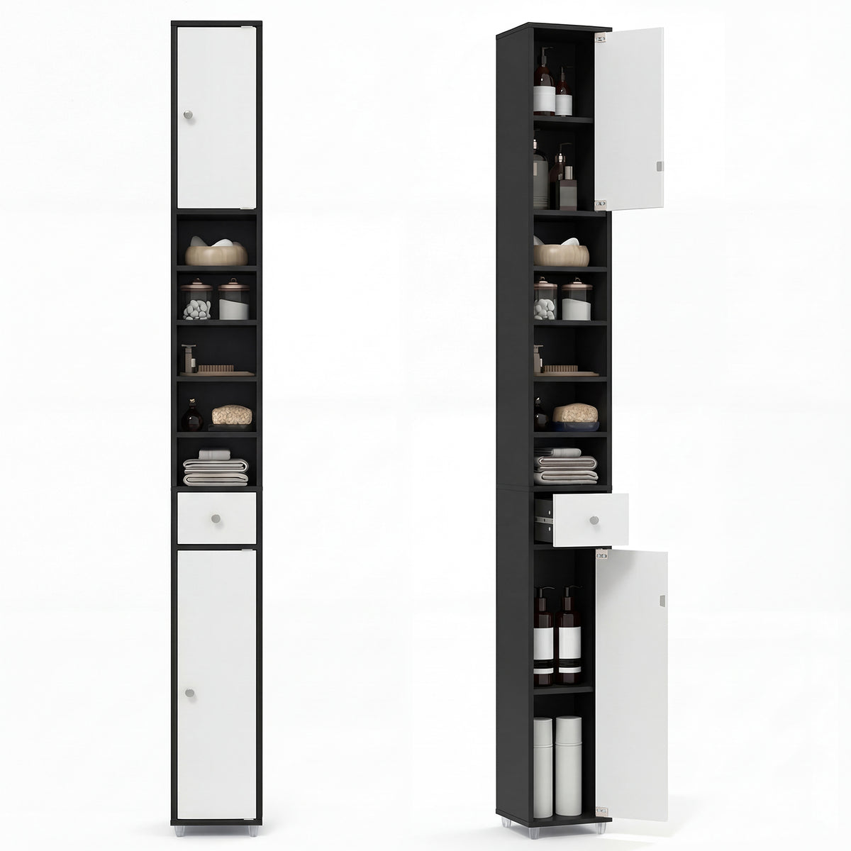 180CM Tall Freestanding Bathroom Cabinet with 2 Doors and 1 Drawer-Black and White