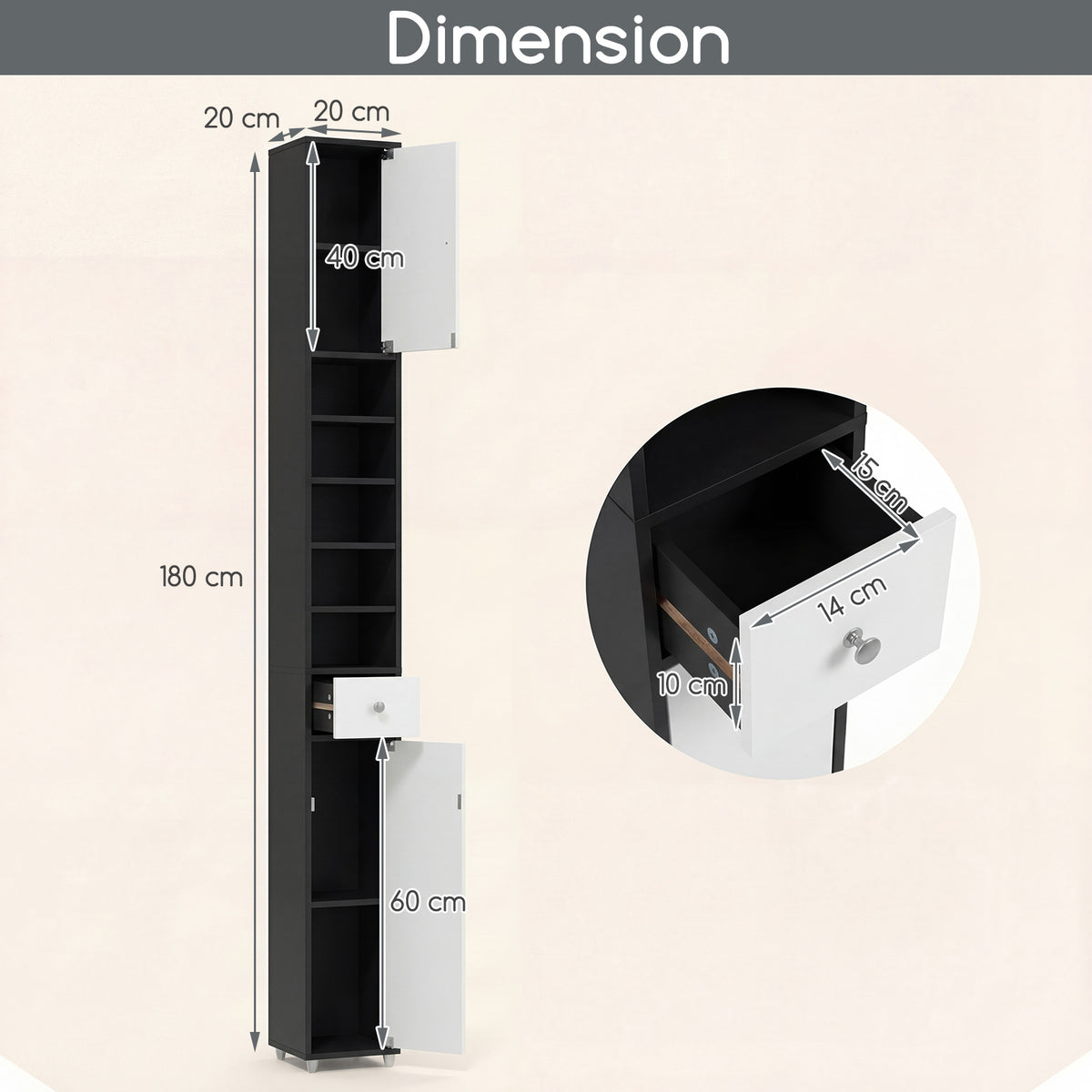 180CM Tall Freestanding Bathroom Cabinet with 2 Doors and 1 Drawer-Black and White