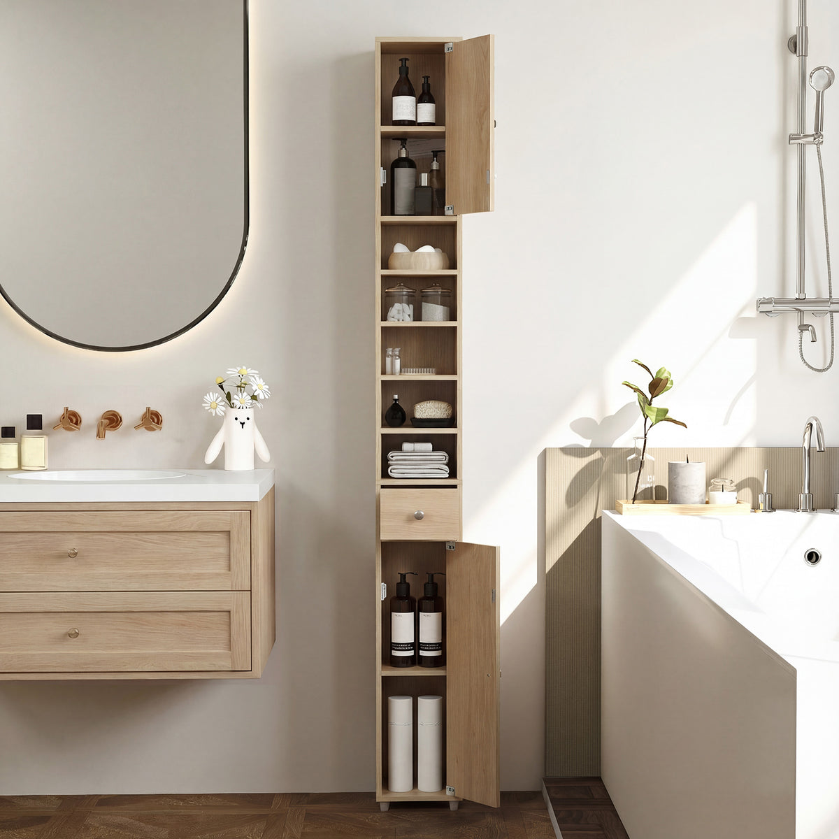 180CM Tall Freestanding Bathroom Cabinet with 2 Doors and 1 Drawer-Natural