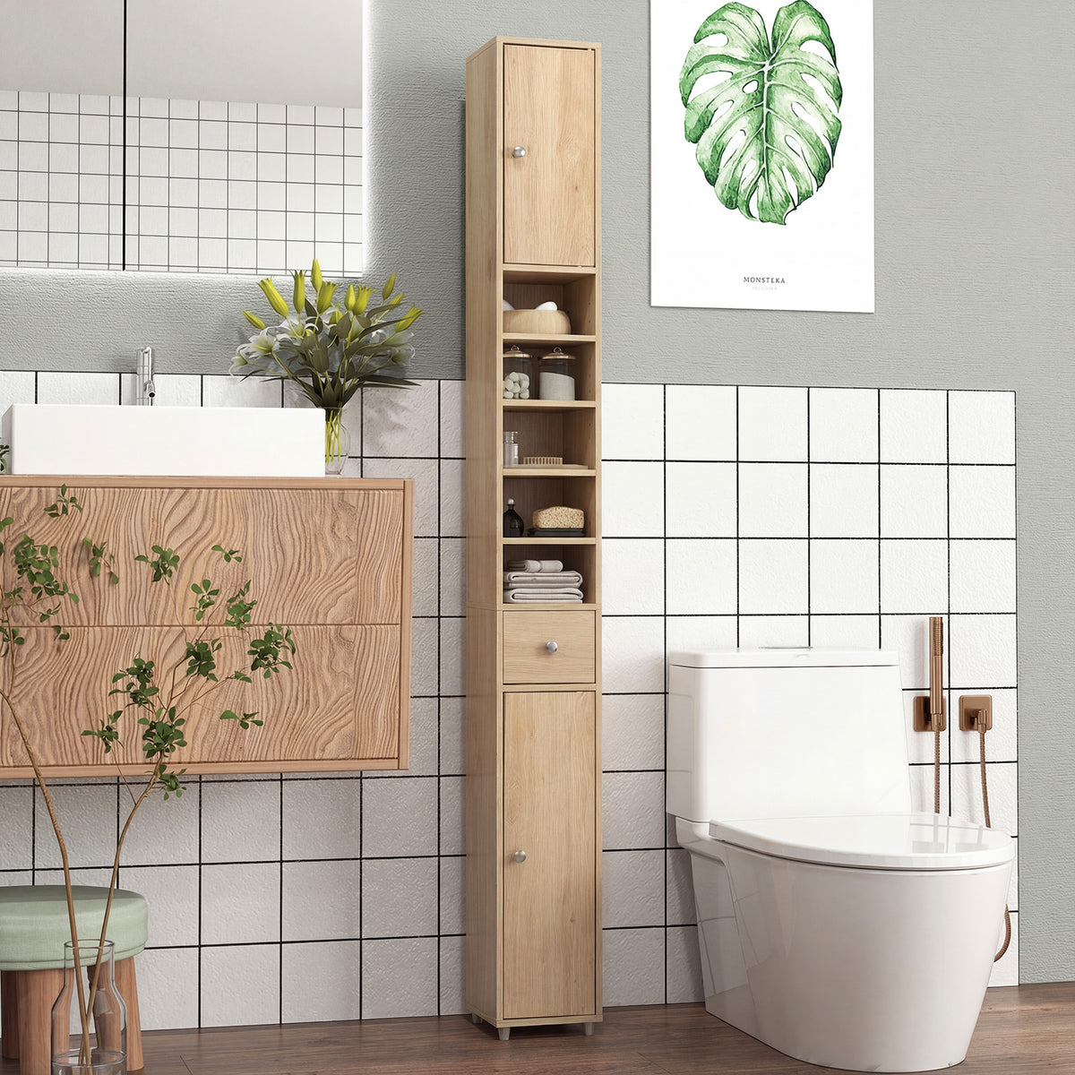 180CM Tall Freestanding Bathroom Cabinet with 2 Doors and 1 Drawer-Natural