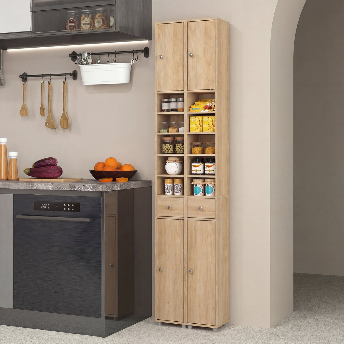 180CM Tall Freestanding Bathroom Cabinet with 2 Doors and 1 Drawer-Natural