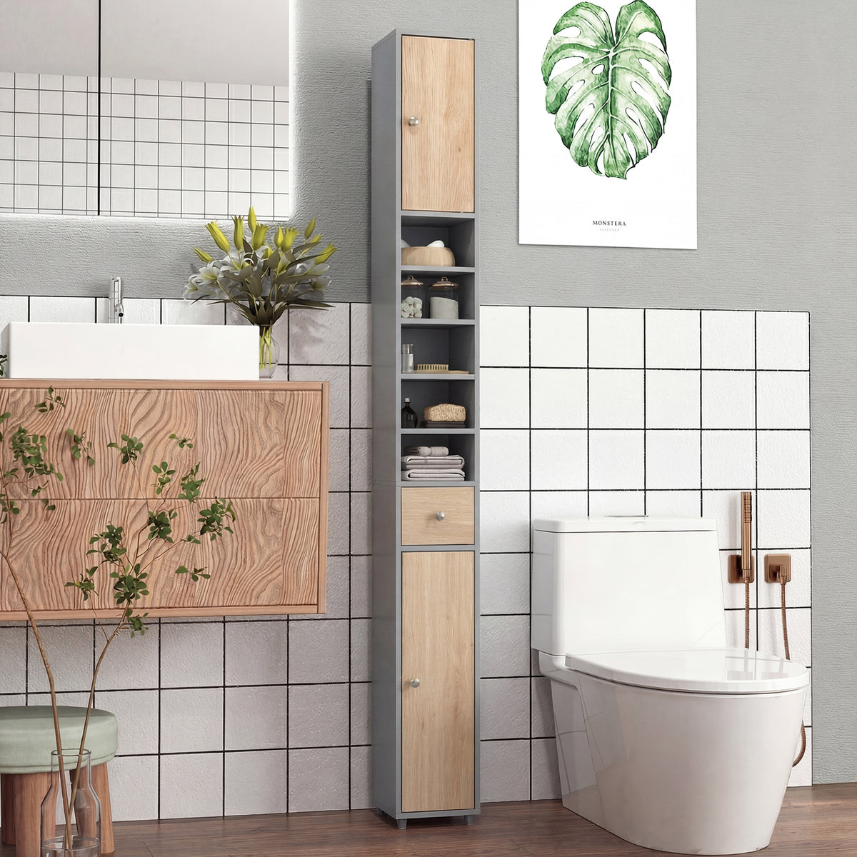 180CM Tall Freestanding Bathroom Cabinet with 2 Doors and 1 Drawer-Oak