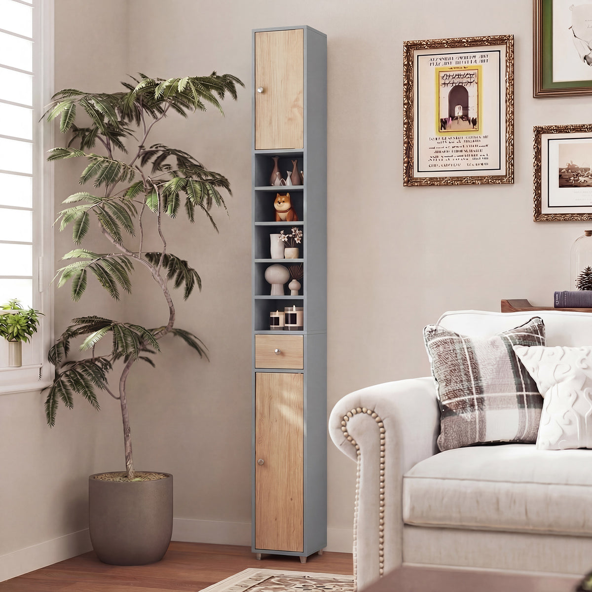 180CM Tall Freestanding Bathroom Cabinet with 2 Doors and 1 Drawer-Oak