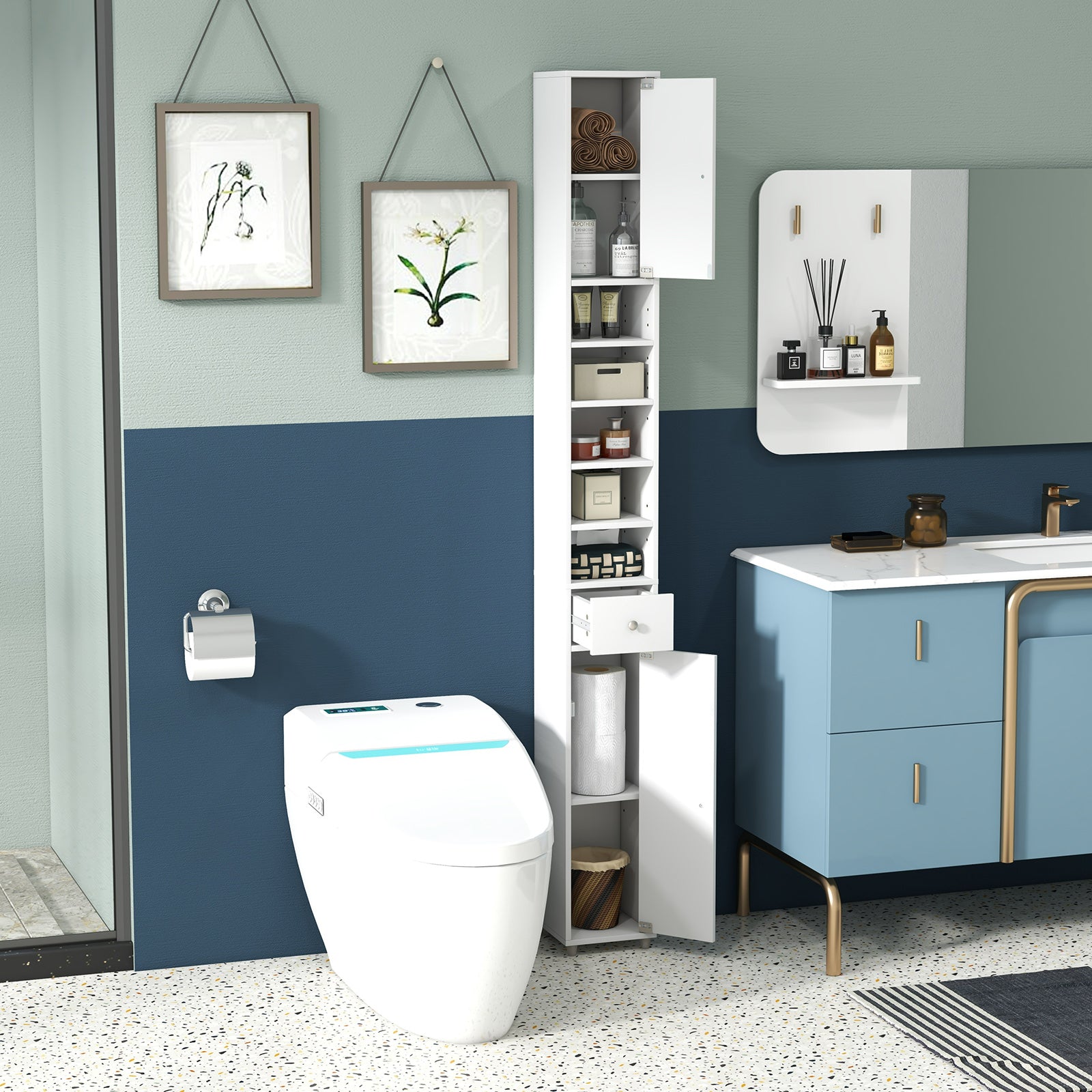 180CM Tall Freestanding Bathroom Cabinet with 2 Doors and 1 Drawer-White