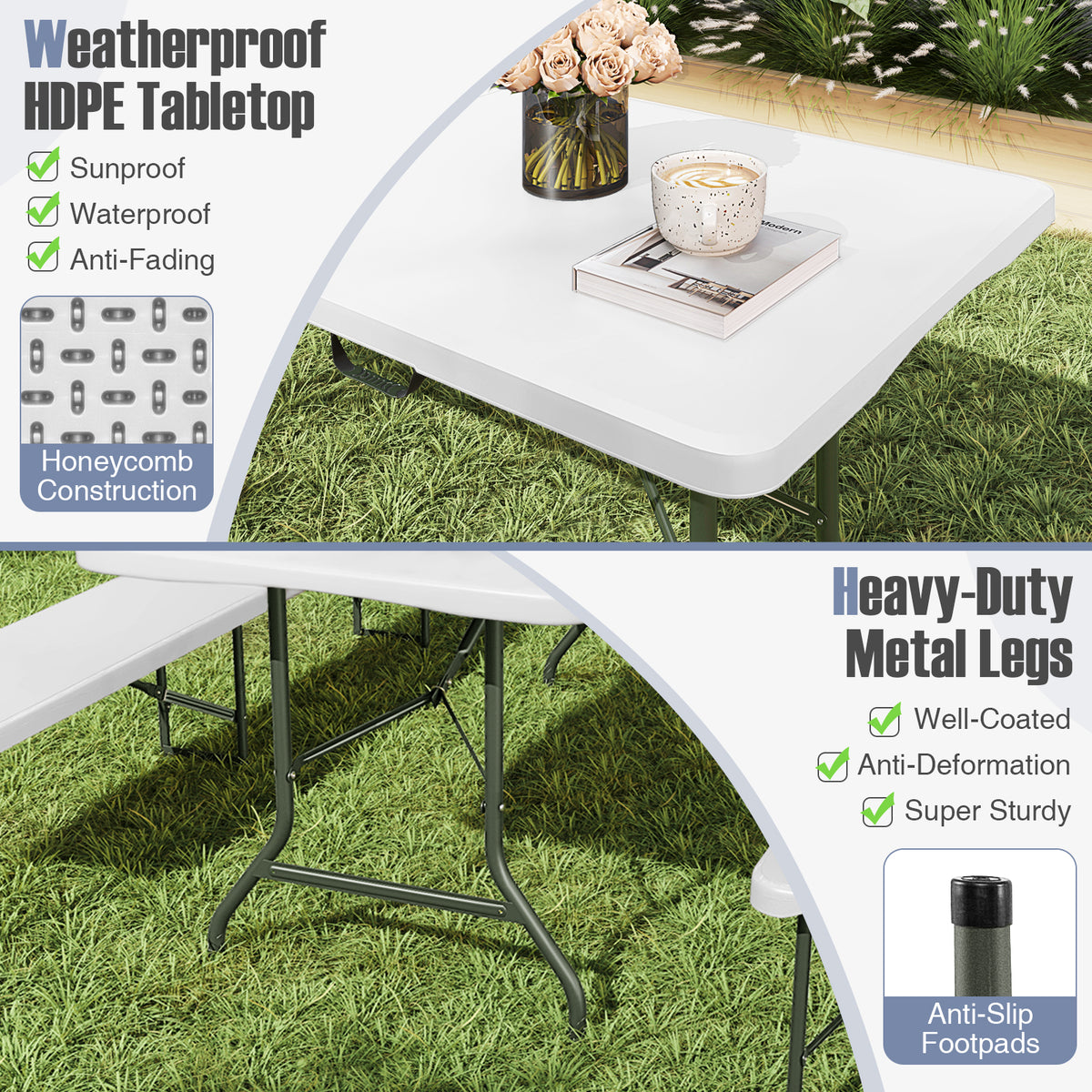 180 cm Portable Folding Dining Table with HDPE Tabletop and Safe Lock Mechanism-White