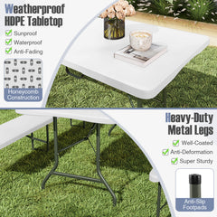 180 cm Portable Folding Dining Table with HDPE Tabletop and Safe Lock Mechanism-White
