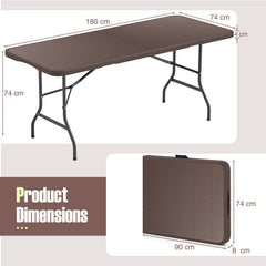 180cm Folding Table with Rattan-Like HDPE Tabletop and Safe Lock Mechanism-Coffee