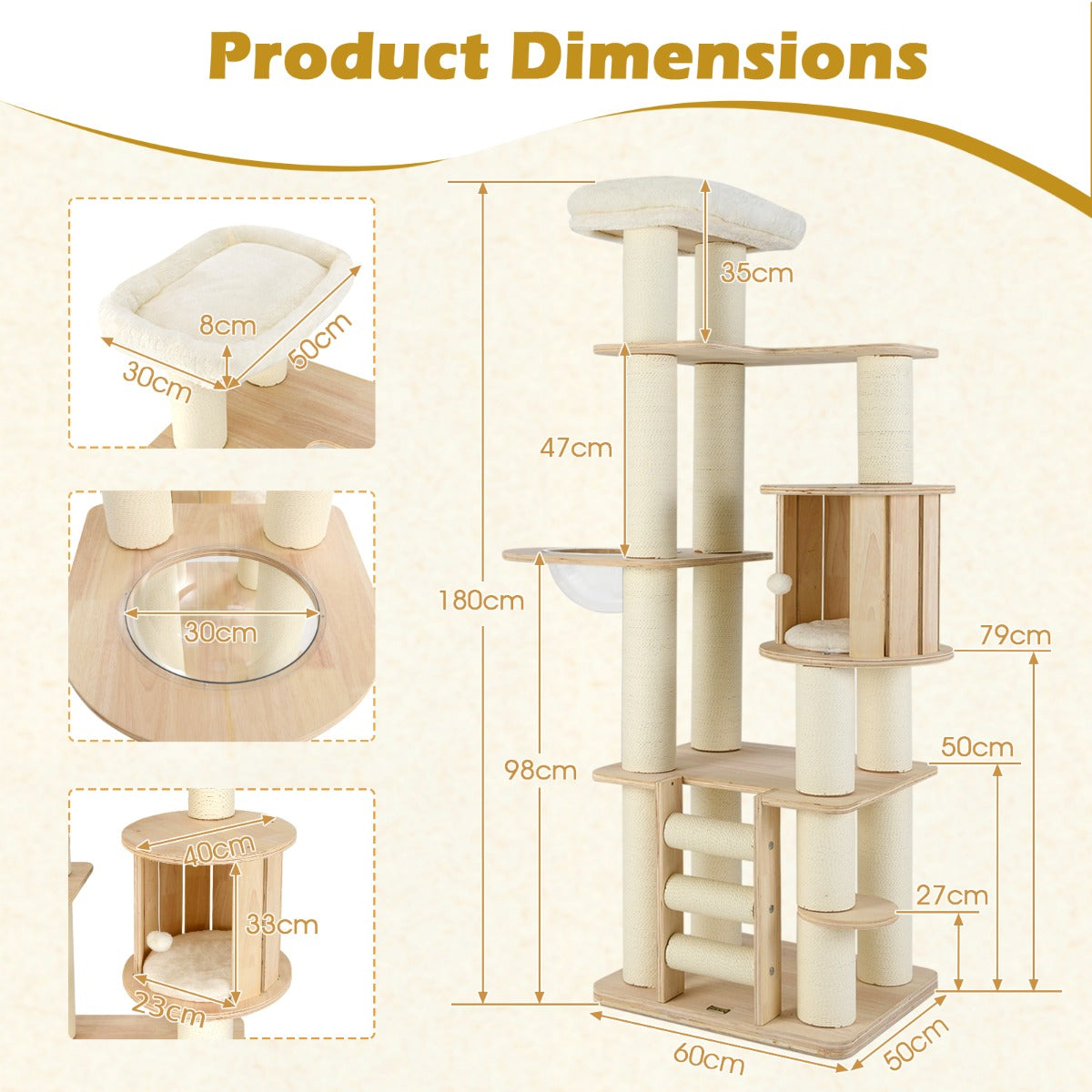 180 cm Tall Cat Tree with Cozy Perch Condo Space Capsule 12 cm Scratching Posts-Natural