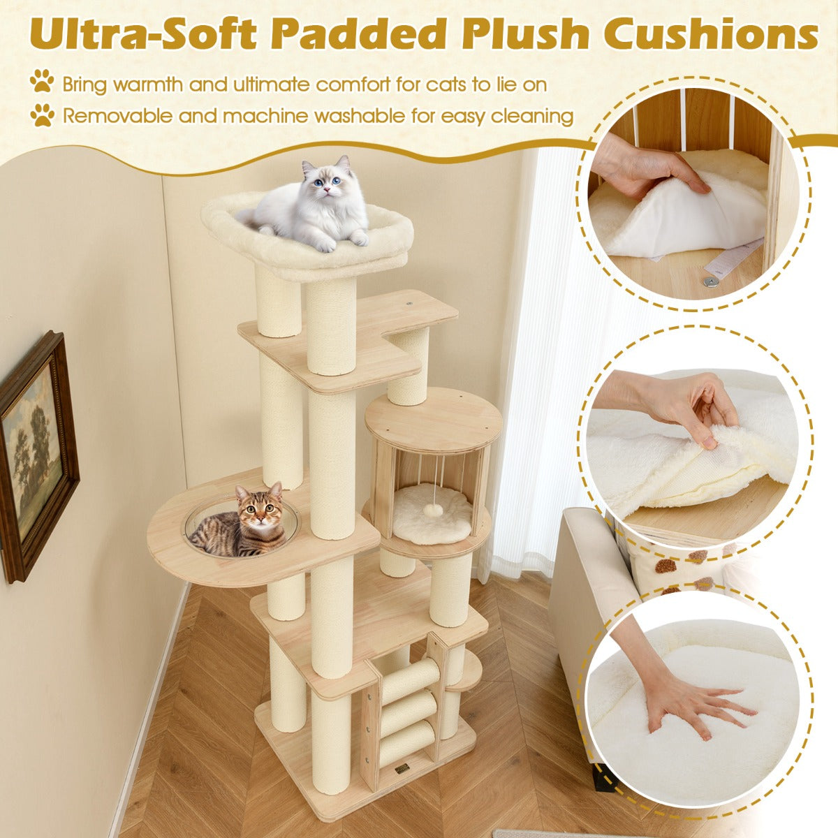 180 cm Tall Cat Tree with Cozy Perch Condo Space Capsule 12 cm Scratching Posts-Natural
