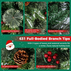 180cm Artificial Xmas Tree with Full Branch Tips Pine Needles Pine Cones Red Berries Lights
