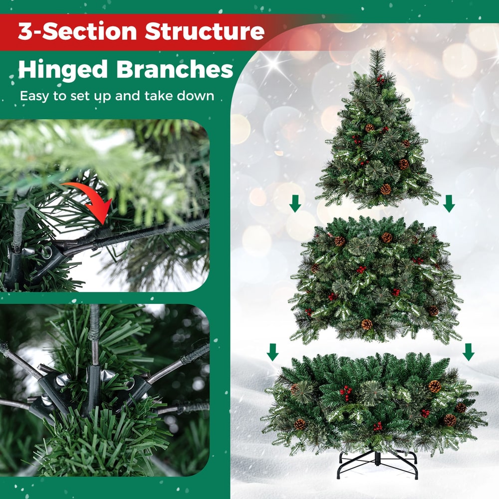 180cm Artificial Xmas Tree with Full Branch Tips Pine Needles Pine Cones Red Berries Lights