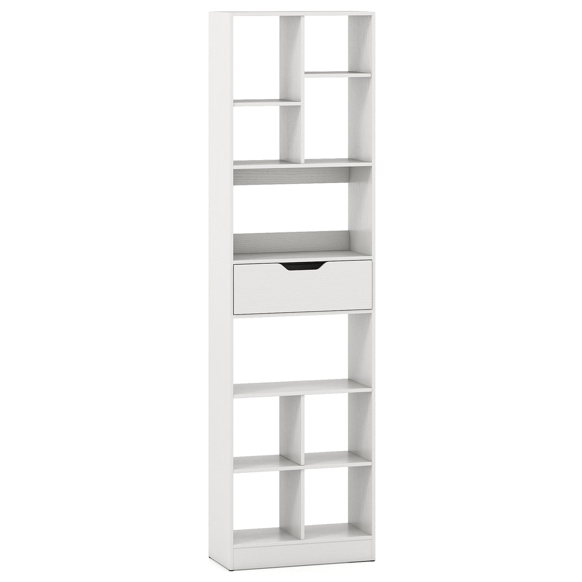 180cm Tall Bookcase with Drawer with 10 Cubesand Anti-tipping Kits for Living Room-White