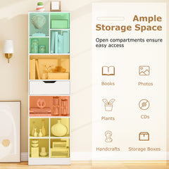 180cm Tall Bookcase with Drawer with 10 Cubesand Anti-tipping Kits for Living Room-White