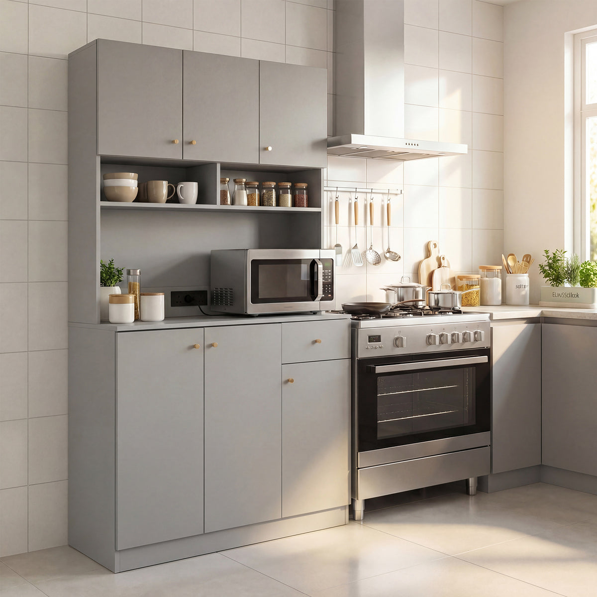 180cm Tall Pantry Cabinet with Outlets and Anti-Tipping Kits-Grey
