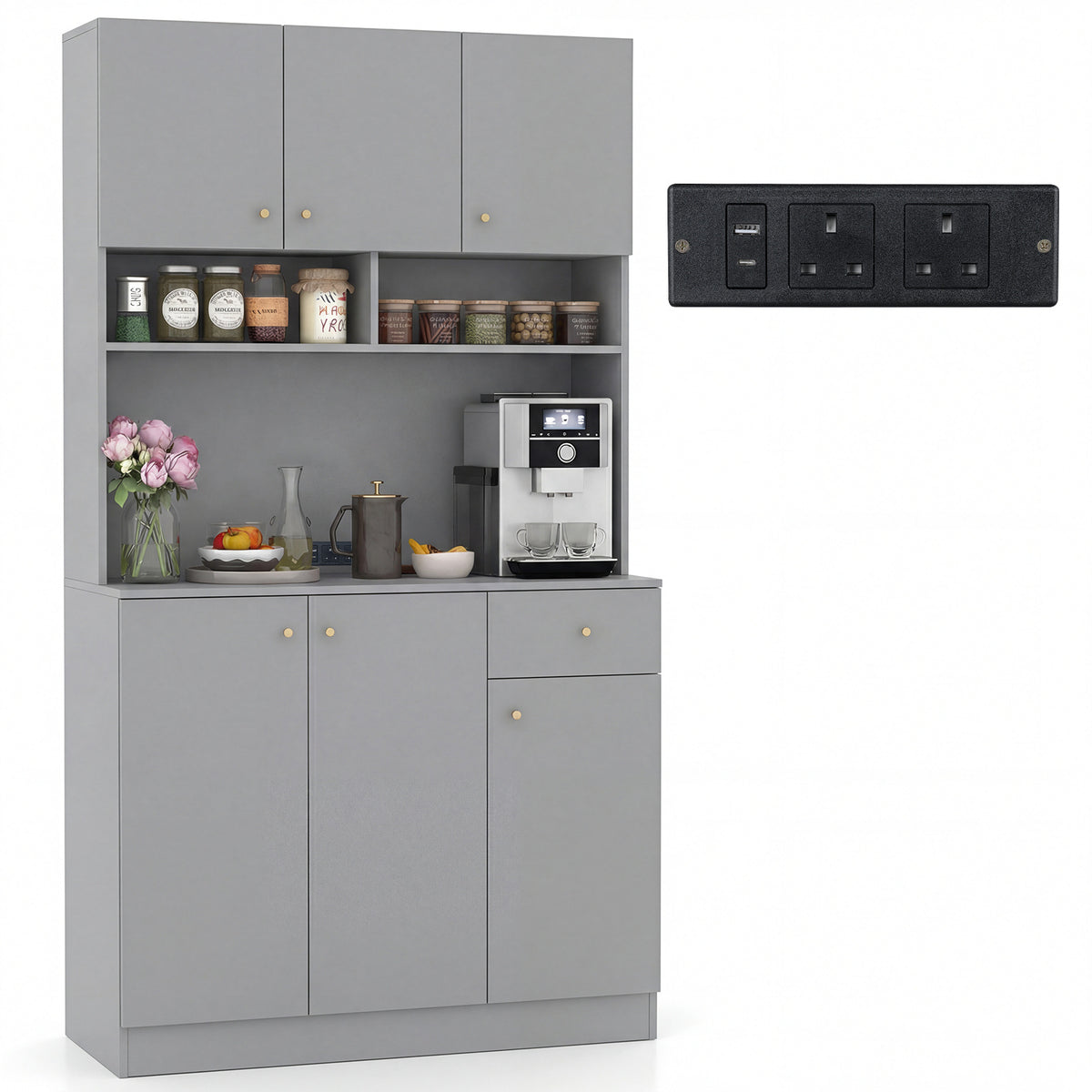 180cm Tall Pantry Cabinet with Outlets and Anti-Tipping Kits-Grey