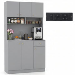 180cm Tall Pantry Cabinet with Outlets and Anti-Tipping Kits-Grey