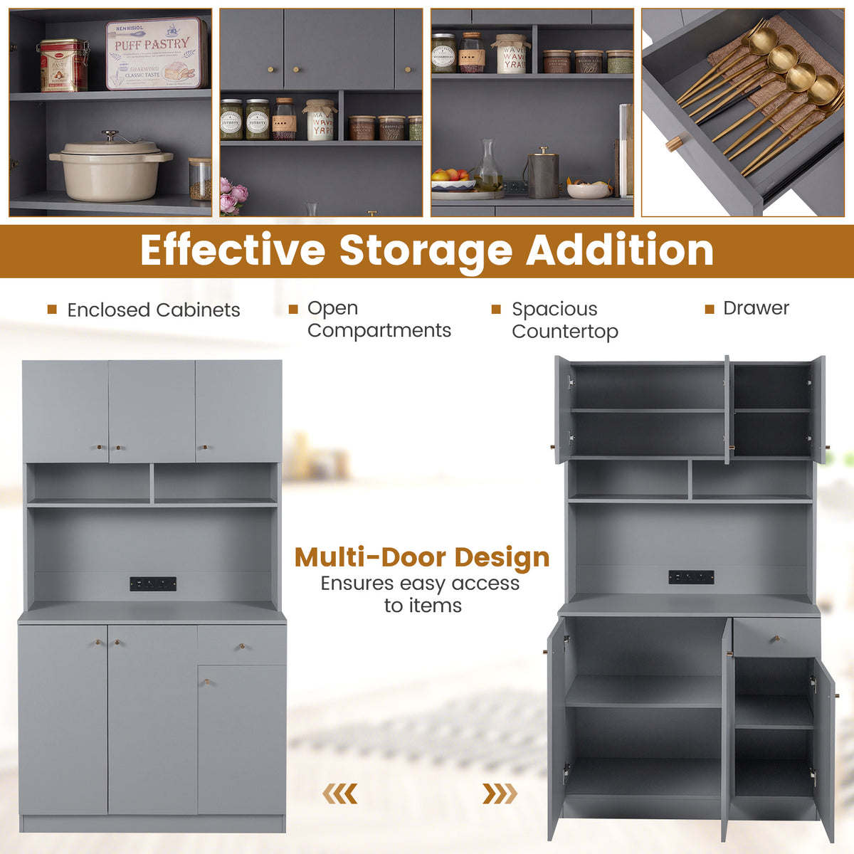 180cm Tall Pantry Cabinet with Outlets and Anti-Tipping Kits-Grey