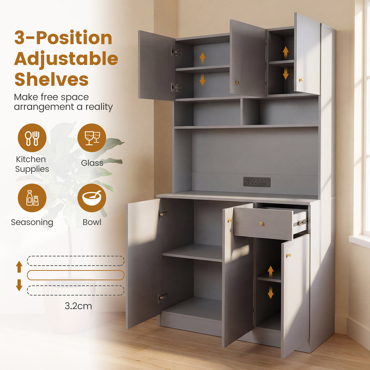 180cm Tall Pantry Cabinet with Outlets and Anti-Tipping Kits-Grey