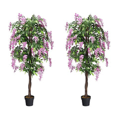 180CM Ficus Artificial Tree set of 2, showing two trees with pink flowers and green leaves